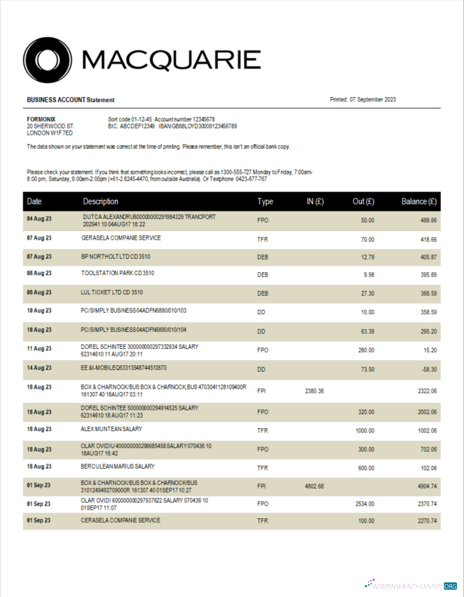 Download Macquarie Bank enterprise statement Word and PDF template Photoshop template